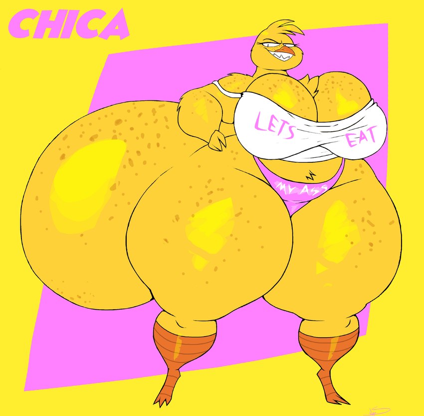 anthro big_breasts big_butt breasts butt clothing female freckles glistening glistening_breasts glistening_butt glistening_legs huge_breasts huge_butt huge_thighs hyper hyper_butt hyper_thighs looking_at_viewer non-mammal_breasts shirt smile solo tank_top text thick_thighs thong topwear underwear yellow_body schplingnops five_nights_at_freddy's scottgames chica_(fnaf) avian bird chicken galliform gallus_(genus) phasianid 2025 english_text hi_res