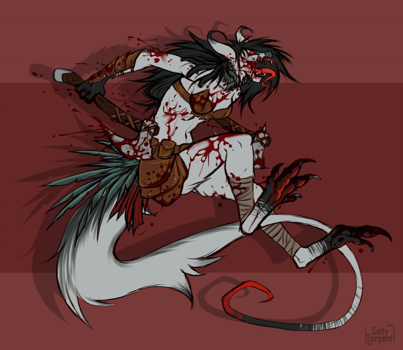 anthro armor axe berserker blood bodily_fluids breasts claws clothed clothing feathers female gore hair holding_object long_hair long_tongue melee_weapon open_mouth sharp_teeth smile solo teeth tongue vikrjelen weapon saltyserpent mammal absurd_res digital_media_(artwork) hi_res