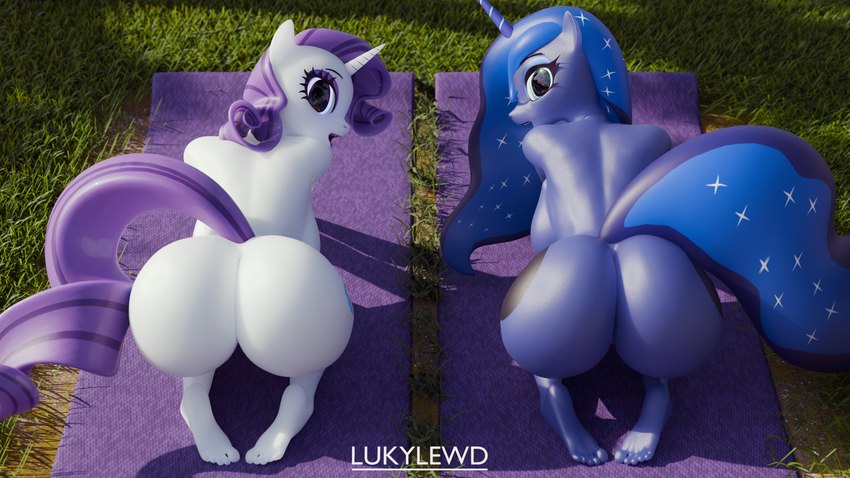 alternate_species anthro anthrofied big_butt blue_body blue_eyes blue_eyeshadow blue_fur blue_hair butt cutie_mark duo ethereal_hair ethereal_tail eyeshadow feet female fur grass hair horn humanoid_feet makeup outside pink_eyes plant plantigrade purple_hair purple_tail sparkles tail towel sunylira3d friendship_is_magic hasbro my_little_pony mythology princess_luna_(mlp) rarity_(mlp) equid equine mammal mythological_creature mythological_equine unicorn 16:9 2023 3d_(artwork) absurd_res digital_media_(artwork) hi_res widescreen