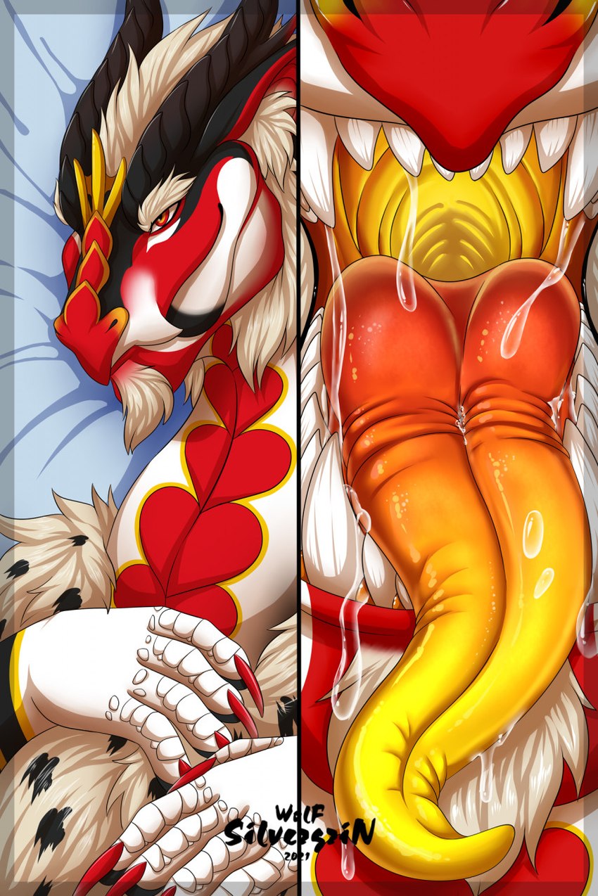 bodily_fluids body_pillow_design dakimakura drooling male mouth_shot open_mouth saliva solo silvergrin mythology pyroboy5000 erotis dragon mythological_creature mythological_scalie scalie dakimakura_design hi_res