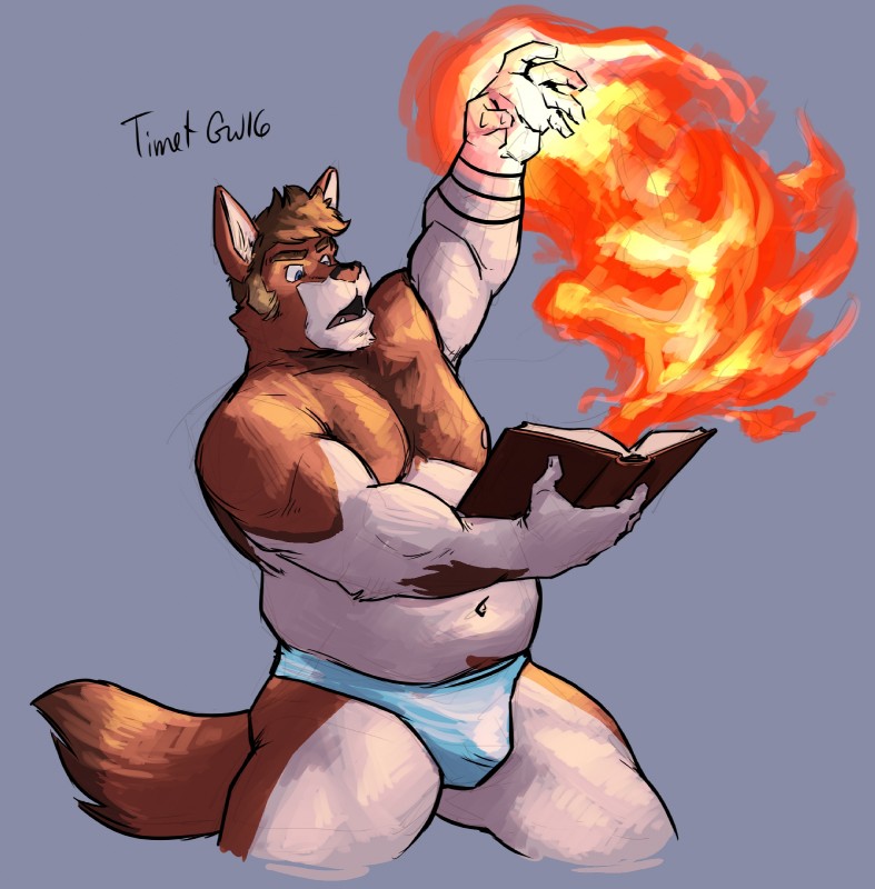 anthro book briefs clothing fire grey_background magic male musclegut muscular muscular_anthro muscular_male nipples simple_background slightly_chubby solo tattoo underwear captaingerbear luxordtimet timet canid canine canis mammal wolf hi_res