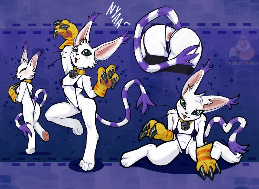 3_claws anthro anus bikini blue_eyes blush breasts butt claws clothed clothing female fur gloves handwear looking_at_viewer markings one-piece_swimsuit paw_gloves pawpads paws purple_markings simple_background skimpy sling_bikini smile solo swimwear tail two-piece_swimsuit white_body white_fur prince-vulpine bandai_namco digimon digimon_(species) felid gatomon mammal hi_res