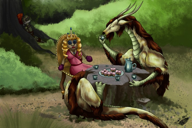 beverage bound brown_hair chair clothing crown cupcake curled day detailed_background doll dress duo feral food furniture hair headgear horn knight outside plant princess royalty scales sitting tail tea tea_party tree warrior natoli asian_mythology east_asian_mythology mythology dragon eastern_dragon mythological_creature mythological_scalie scalie digital_media_(artwork)