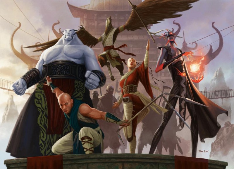 anthro beak bridge crouching female fighting_pose fire flying front_view group low-angle_view magic male monastery monk pose weapon dan_scott hasbro magic:_the_gathering aven avian bird demon efreet_(mtg) genie human mammal digital_media_(artwork) official_art signature