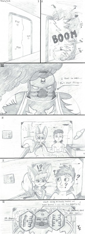 anthro armor bed big_ears breasts duo explosion female furniture imminent_murder looking_at_another looking_at_viewer on_bed small_breasts text under_covers yanzihko paradox_interactive stellaris alien canid canine fox mammal mammalian_(stellaris) mammalian_3 2019 absurd_res comic english_text hi_res monochrome sketch traditional_media_(artwork)