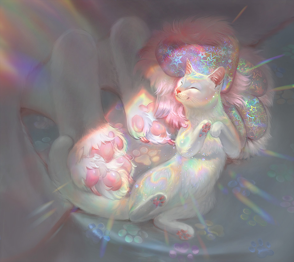 :3 bed claws content_smile feet feral foot_focus fur furniture glowing holographic iridescent lying macro on_back pawpads pink_claws pink_nose pink_pawpads rainbow short_fur star whiskers white_body white_fur wolfsecho domestic_cat felid feline felis mammal 2026 digital_media_(artwork) digital_painting_(artwork) painting_(artwork)