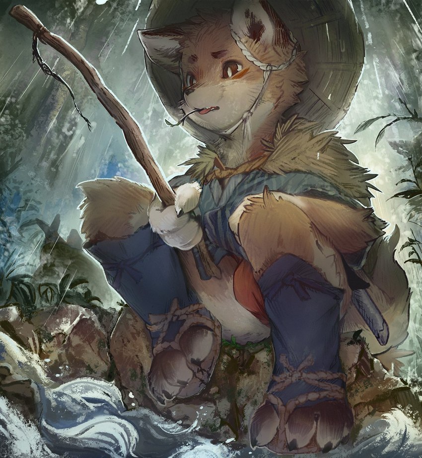 anthro asian_clothing biped bulge claws clothed clothing countershading creek detailed_background east_asian_clothing facial_markings finger_claws fishing_rod footwear forest forest_background front_view geta head_markings japanese_clothing kasa_(hat) kemono knee_tuft leg_tuft looking_at_object male markings nature nature_background outside plant plant_in_mouth pupils raining red_eyes sitting socks solo sword_sheath toe_claws toeless_footwear toeless_socks tree tuft water white_body white_countershading white_inner_ear white_pupils totatetta canid canine fox mammal red_fox true_fox hi_res