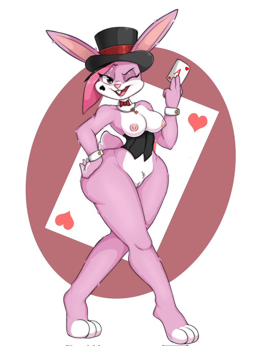 ace_of_hearts anthro areola big_breasts breasts card cuff_links female genitals hand_on_hip nipples one_eye_closed playing_card pussy scut_tail short_tail solo tail thick_thighs wink theorangepumpkin lagomorph leporid mammal rabbit 3:4 hi_res