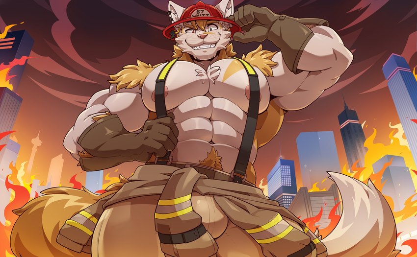 5_fingers abs anthro areola arm_tuft armor belt belt_buckle biceps big_biceps big_bulge big_muscles big_nipples big_tail biped black_suspenders blonde_eyebrows blonde_hair blonde_markings blonde_pubes bottomwear buckle building bulge chest_tuft city clothes_around_waist clothing dipstick_tail ear_piercing ear_ring eyebrows facial_markings fingers fire firefighter firefighter_gloves firefighter_helmet firefighter_uniform gloves hair handwear head_markings headgear helmet heterochromia huge_tail humanoid_hands inner_ear_fluff jacket jacket_around_waist male markings monotone_bottomwear monotone_clothing monotone_headgear monotone_helmet monotone_pants multicolored_clothing multicolored_topwear muscular muscular_anthro muscular_arms muscular_male navel nipples number pants piercing pink_areola pink_nipples pink_nose pubes red_headgear red_helmet red_sky ring_piercing shoulder_tuft sky smile smiling_at_viewer solo standing star_piercing suspenders suspenders_on_nipples suspenders_pull tail tail_markings tan_bottomwear tan_clothing tan_jacket tan_pants tan_topwear tan_vest text thick_arms topwear topwear_around_waist tuft turnout_gear two_tone_clothing two_tone_face two_tone_neck two_tone_tail two_tone_topwear uniform vest whiskers white_arms white_chest white_ears white_face white_inner_ear_fluff white_neck white_tail white_tail_tip white_tuft yellow_clothing yellow_face yellow_markings yellow_neck yellow_piercing yellow_suspenders yellow_tail yellow_topwear yellow_tuft myiko waltt domestic_cat felid feline felis mammal 2024 absurd_res digital_drawing_(artwork) digital_media_(artwork) hi_res