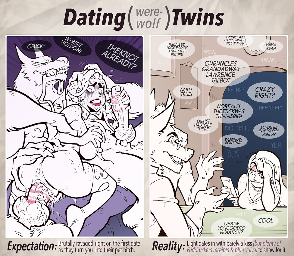 5_fingers animal_genitalia animal_penis anthro anthro_penetrating anthro_penetrating_human anus areola arm_grab balls biceps big_breasts biped black_eyebrows black_text bodily_fluids bored breasts butt canine_genitalia canine_penis cellphone claws cleavage clothed clothed_anthro clothed_female clothed_human clothed_male clothing collar cum cum_from_vagina cum_in_vagina cum_inside cum_on_face date dialogue digitigrade dominant dominant_anthro dominant_male doorway dress ear_piercing electronics erection eyebrows eyewear feet female female_human female_penetrated finger_claws fingers freckled_arms freckled_breasts freckled_butt freckled_legs freckled_shoulders freckled_thighs freckles fur genital_fluids genitals glasses group group_sex hair hand_on_butt hand_on_head handjob holding_cellphone holding_object holding_phone holding_smartphone human_on_anthro human_penetrated humanoid_genitalia humanoid_vulva interspecies jewelry knot knotted_penis leash leash_in_mouth leashed_collar legwear lipstick lipstick_on_penis lipstick_ring long_hair makeup male male/female male_anthro male_penetrating male_penetrating_female mascara mostly_nude mostly_nude_female mostly_nude_human muscular muscular_anthro muscular_male necklace nipples nude_anthro nude_male object_in_mouth pecs penetration penile penile_penetration penis penis_in_vagina phone piercing pink_lipstick plantigrade profanity purple_text restaurant rolled_up_sleeves round_glasses running_makeup running_mascara sex sharp_teeth sheath smartphone snout soles stockings stuttering submissive submissive_female submissive_human talking_to_another talking_to_partner teeth text threesome torn_clothing torn_legwear torn_stockings trio two_doms_one_sub vaginal vaginal_penetration vein veiny_penis vulva white_text sparrow_(artist) expectation_vs_reality mythology canid canine canis human mammal mythological_canine mythological_creature werecanid werecanine werecreature werewolf wolf 2024 english_text hi_res restricted_palette brother_(lore) brothers_(lore) indirect_incest_(lore) sibling_(lore) twins_(lore)