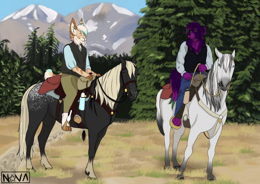 anthro bridle feral gradient_hair hair harness horseback_riding male mount mountain plant reins riding saddle saddle_bag sky tree western novalynxa canid canine equid equine felid feline horse mammal digital_media_(artwork) trans_(lore) trans_man_(lore)