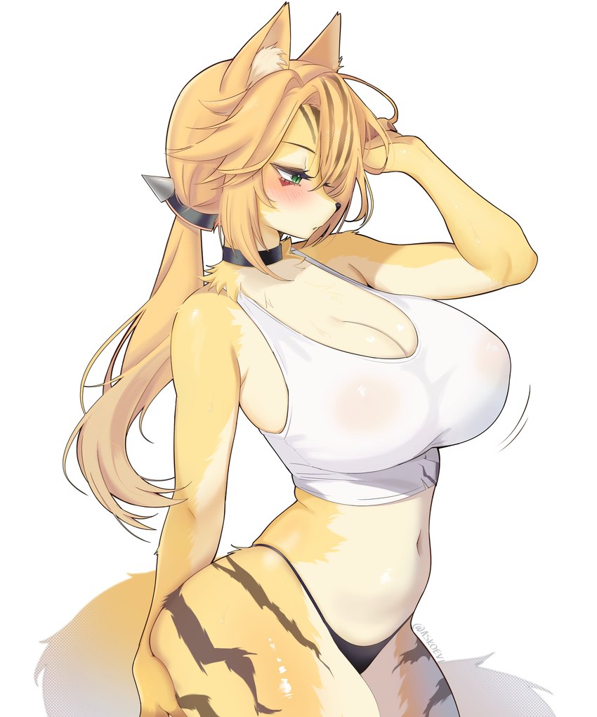 anthro big_breasts blonde_hair blush breasts cat_tail choker cleavage clothed clothing ears_up female fur green_eyes hair huge_breasts inner_ear_fluff jewelry multicolored_body multicolored_fur necklace nipple_outline ponytail pupils shirt slit_pupils solo striped_body striped_fur stripes tank_top thick_thighs thong topwear translucent translucent_clothing translucent_topwear tuft underwear white_body white_fur wide_hips yellow_body yellow_fur askoevi mihoyo zenless_zone_zero pulchra_fellini domestic_cat felid feline felis mammal thiren 2025 absurd_res digital_drawing_(artwork) digital_media_(artwork) hi_res