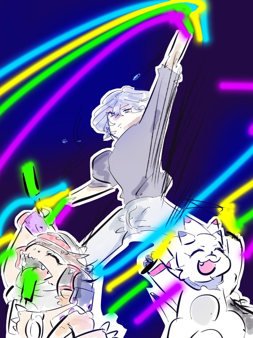 anthro dancing grey_hair group hair male penlight samurai trio warrior white_body tyabuto bandai_namco digimon digimon_ghost_game gammamon_(ghost_game) kiyoshiro_higashimitarai digimon_(species) gammamon human mammal ryudamon 3:4 hi_res