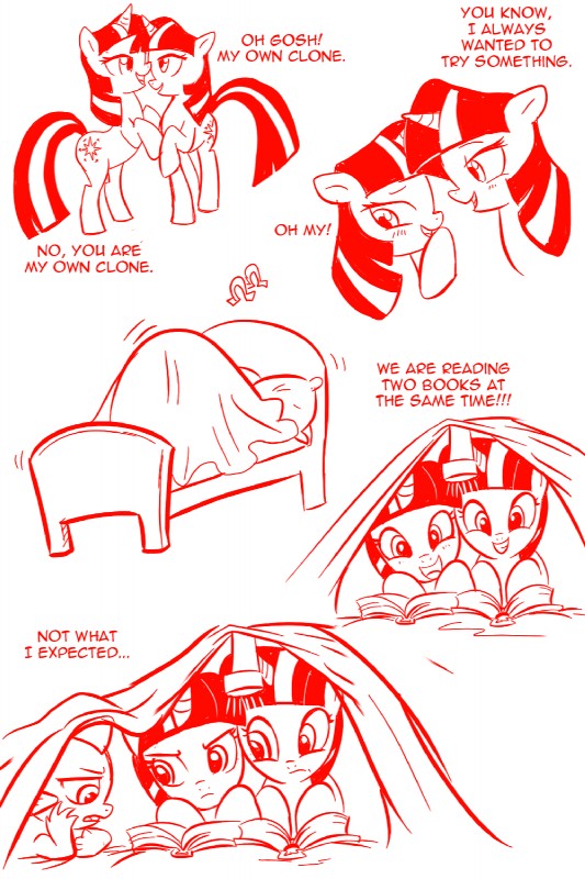 bed blush book cutie_mark dialogue duo female feral flashlight fur furniture hair horn humor smile suggestive text madmax friendship_is_magic hasbro my_little_pony mythology spike_(mlp) twilight_sparkle_(mlp) dragon equid equine mammal mythological_creature mythological_equine mythological_scalie scalie unicorn 2:3 comic english_text hi_res monochrome