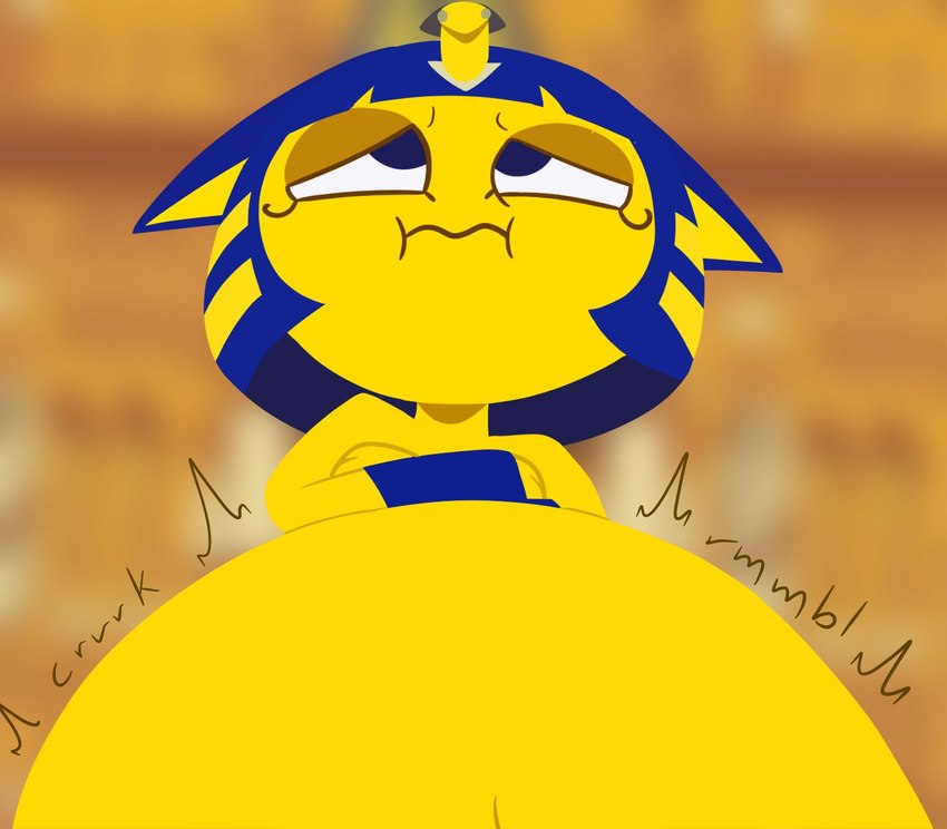 anthro belly big_belly black_eyes blue_hair blurred_background crossed_arms female front_view fur hair huge_belly hyper hyper_belly lidded_eyes looking_up navel noseless nude onomatopoeia rumbling_stomach solo sound_effects style_emulation text yellow_body yellow_fur kinkcollector animal_crossing ankha_zone nintendo ankha_(animal_crossing) domestic_cat felid feline felis mammal 2021 digital_drawing_(artwork) digital_media_(artwork) hi_res lineless