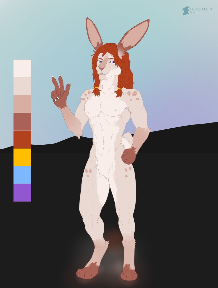 anthro athletic athletic_anthro athletic_male braided_hair brown_body brown_fur fur hair long_hair looking_at_viewer male markings muscular nipples pecs red_hair simple_background smile solo spots tail white_body white_fur conditional_dnp teremunart lagomorph leporid mammal rabbit absurd_res concept_art digital_media_(artwork) hi_res