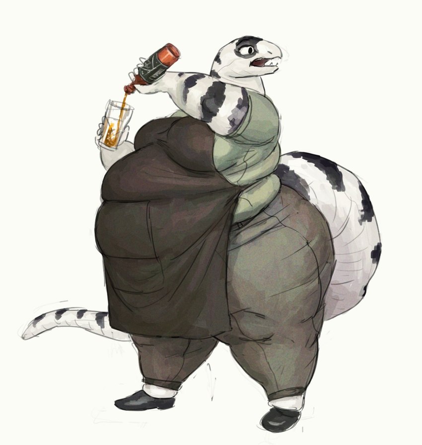 anthro apron big_breasts big_tail bottle bottomwear breasts clothing container female footwear holding_bottle holding_container holding_glass holding_object huge_thighs morbidly_obese morbidly_obese_anthro morbidly_obese_female obese obese_anthro obese_female open_mouth overweight overweight_anthro overweight_female pants pouring shirt shoes simple_background solo standing striped_body stripes tail thick_tail thick_thighs topwear white_background white_body white_skin cettus maeve_gibson california_kingsnake colubrid kingsnake lampropeltini reptile scalie snake 2020 hi_res