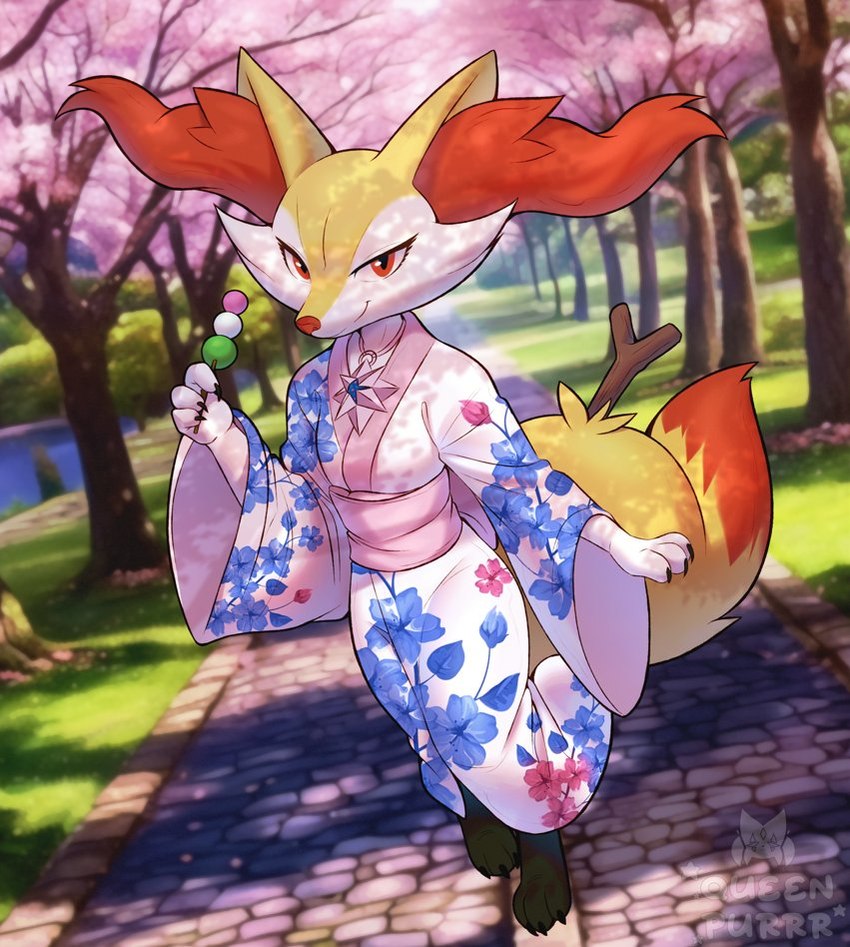 anthro asian_clothing cherry_blossom cherry_blossom_tree cherry_tree clothing dango_(food) east_asian_clothing feet female flower fruit_tree japanese_clothing kimono paws pink_clothing plant prunus_(flower) solo toes tree purrynx queenpurr nintendo pokemon braixen generation_6_pokemon pokemon_(species)