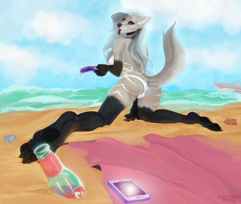 anthro beach bikini black_body black_fur bottle breasts butt clothing container detailed_background electronics fangs female food fur grey_body grey_fur hair looking_back multicolored_body multicolored_fur outside pawpads phone popsicle sand seaside solo spread_legs spreading swimwear teeth tongue tongue_out two-piece_swimsuit white_hair witchness canid canine canis mammal wolf 2016