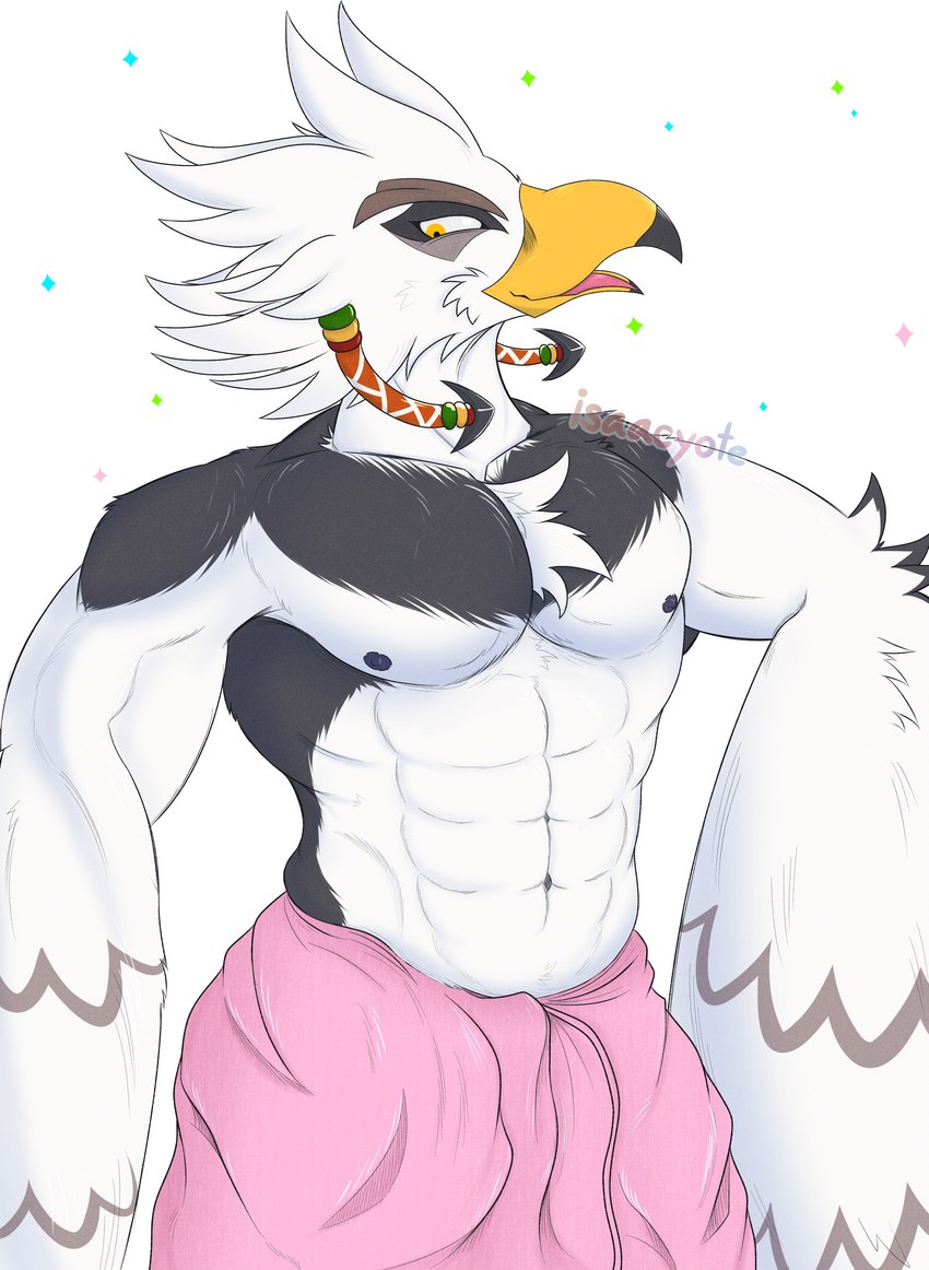 abs anthro bath_towel beak braided_hair chest_tuft clothed clothing feathered_tail feathers grey_body grey_feathers hair makeup male multicolored_body multicolored_feathers muscular muscular_anthro muscular_male navel nipples pecs solo tail towel towel_around_waist tuft two_tone_body two_tone_feathers two_tone_tail_feathers white_body white_feathers winged_arms wings yellow_beak yellow_eyes isaacyote_(artist) breath_of_the_wild nintendo the_legend_of_zelda teba_(tloz) avian bird rito absurd_res hi_res