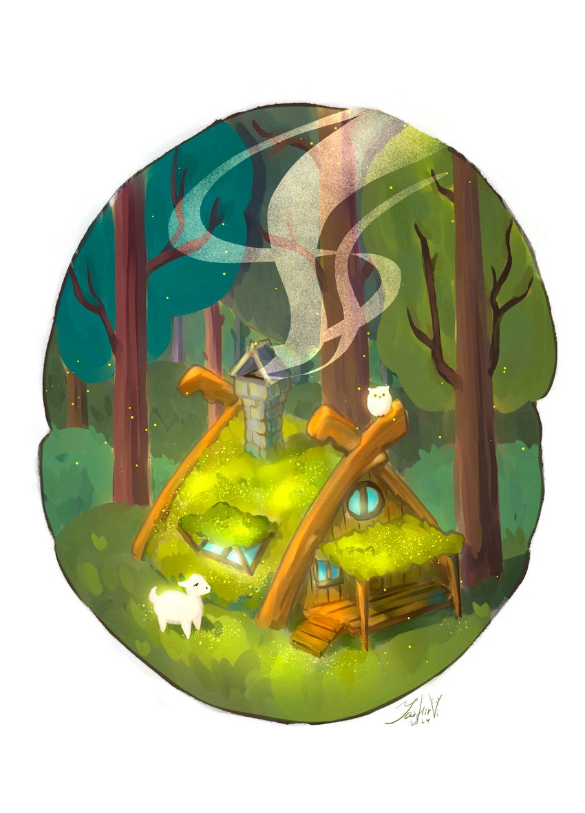 concept cozy environment forest home plant sticker tree jaihirvi avian bird bovid caprine goat mammal owl absurd_res hi_res