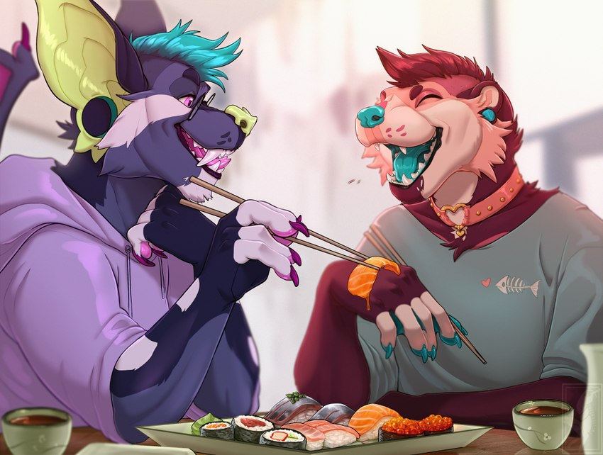 anthro chopsticks claws clothed clothing collar duo eyes_closed food forked_tongue male membrane_(anatomy) open_mouth open_smile smile sushi teeth tongue webbed_hands twistedhound bat mammal mustelid otter