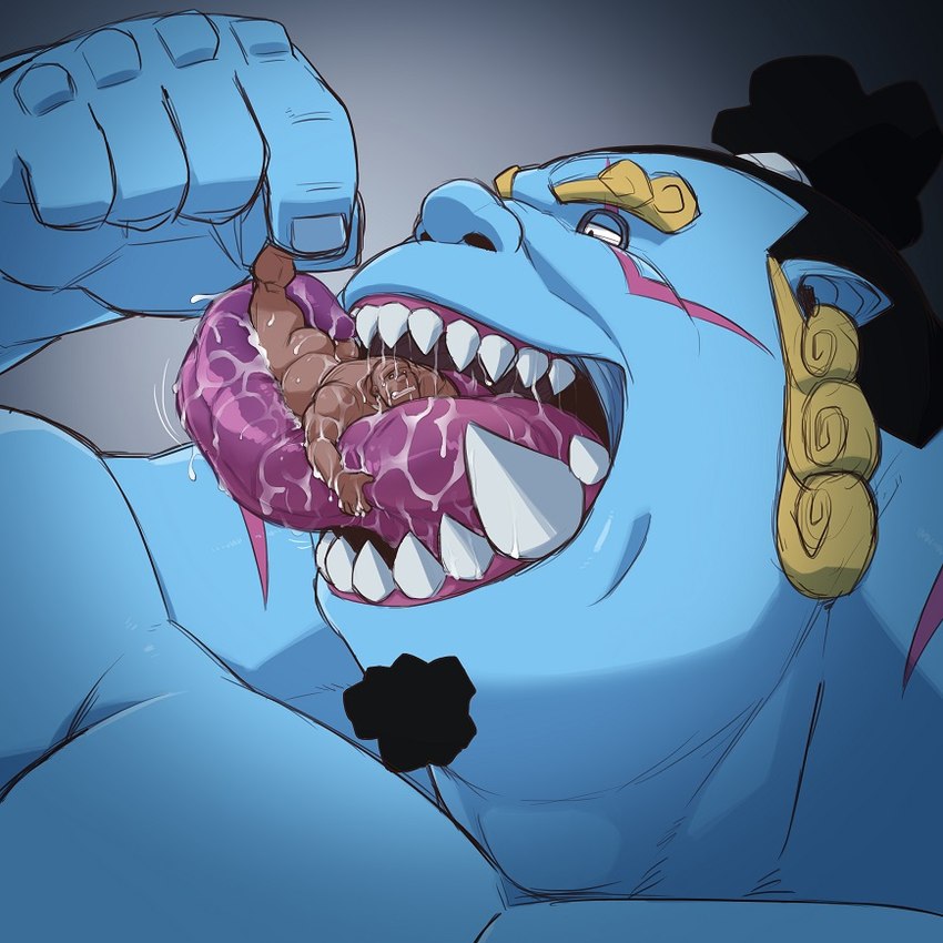 blue_body blue_skin bodily_fluids duo macro male male/male micro saliva sharp_teeth size_difference teeth tongue vore othukimi one_piece jinbe fish-men_(one_piece) human humanoid mammal marine 1:1 digital_media_(artwork)