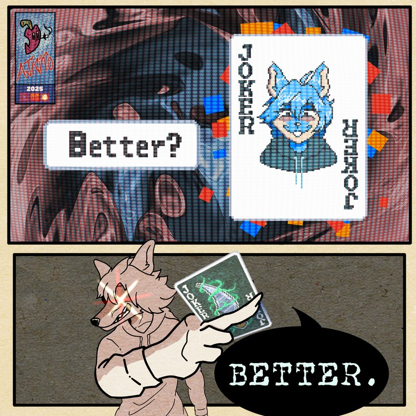 anthro card crt dialogue female gaming perspective smile smug_face teeth_showing vintage ajicitoart balatro tumblr canid canine mammal 1:1 comic digital_media_(artwork) hi_res meme pixel_(artwork)