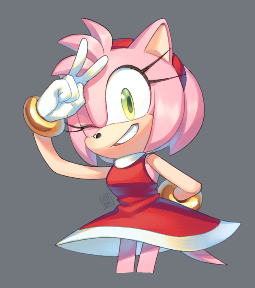 accessory anthro clothing female gloves green_eyes hair_accessory hairband handwear looking_at_viewer micro_thighs one_eye_closed simple_background smile solo thin_thighs wink kiikoi11 sega sonic_the_hedgehog_(series) amy_rose eulipotyphlan hedgehog mammal hi_res