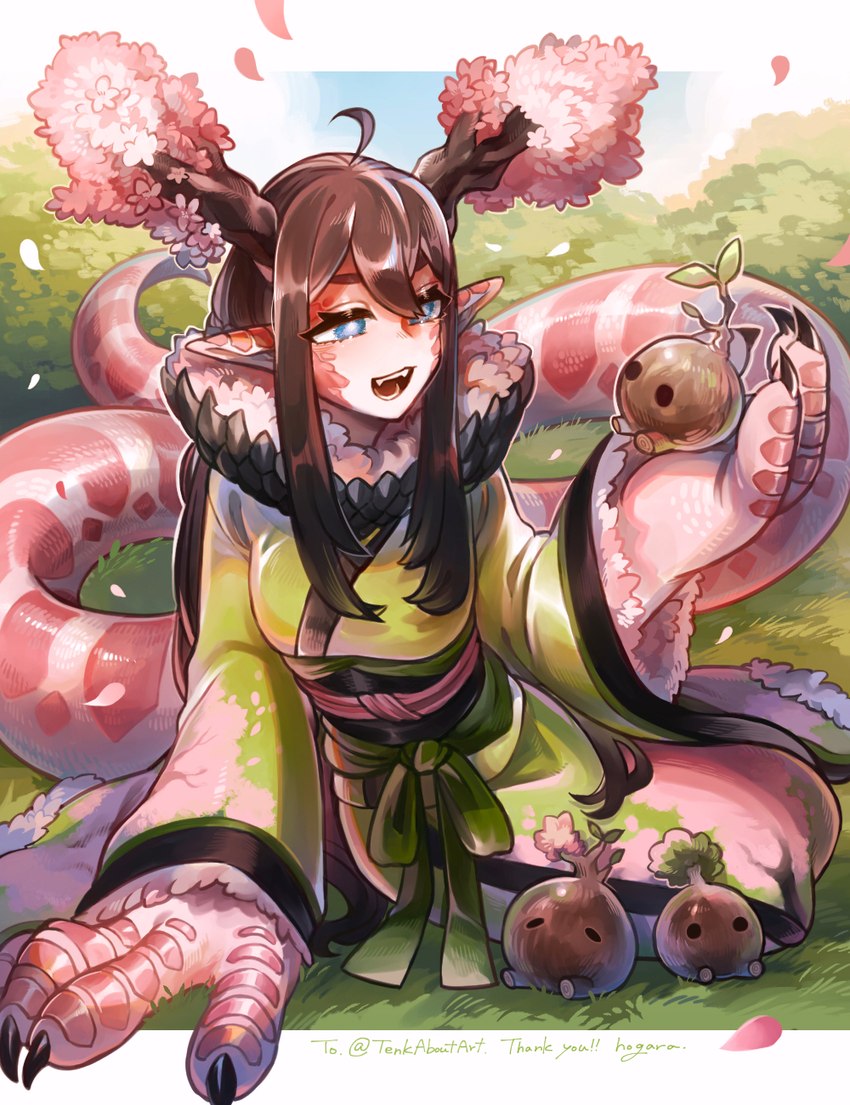 asian_clothing big_hands blue_eyes breasts brown_hair cherry_blossom claws clothing clothing_bow cute_fangs dress east_asian_clothing fangs female finger_claws floral_print flower fur_trim grass green_clothing green_dress hair humanoid_pointy_ears japanese_clothing kimono light_body light_skin long_tail obi obijime open_mouth outside pink_body pink_scales plant plant_horn pointy_ears prunus_(flower) pseudo_horn ruff scales sitting solo tail teeth text hogara mythology animal_humanoid dragon eastern_dragon humanoid mythological_creature mythological_scalie scalie artist_name commissioner_name hi_res signature