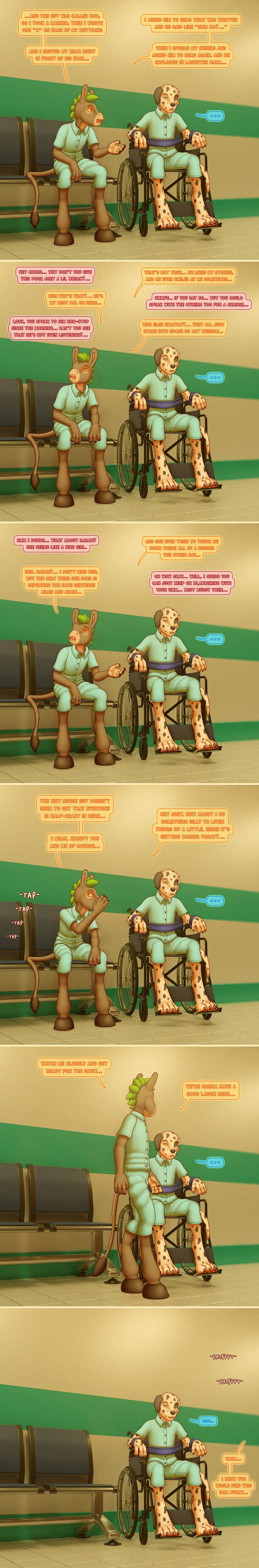 3d_background anthro building clothing color_coded_text dialogue duo male male/male offscreen_character psychiatric_hospital speech_bubble vehicle wheelchair chokodonkey conditional_dnp choko_(chokodonkey) asinus canid canine canis dalmatian domestic_dog donkey equid equine mammal absurd_res comic hi_res long_image tall_image