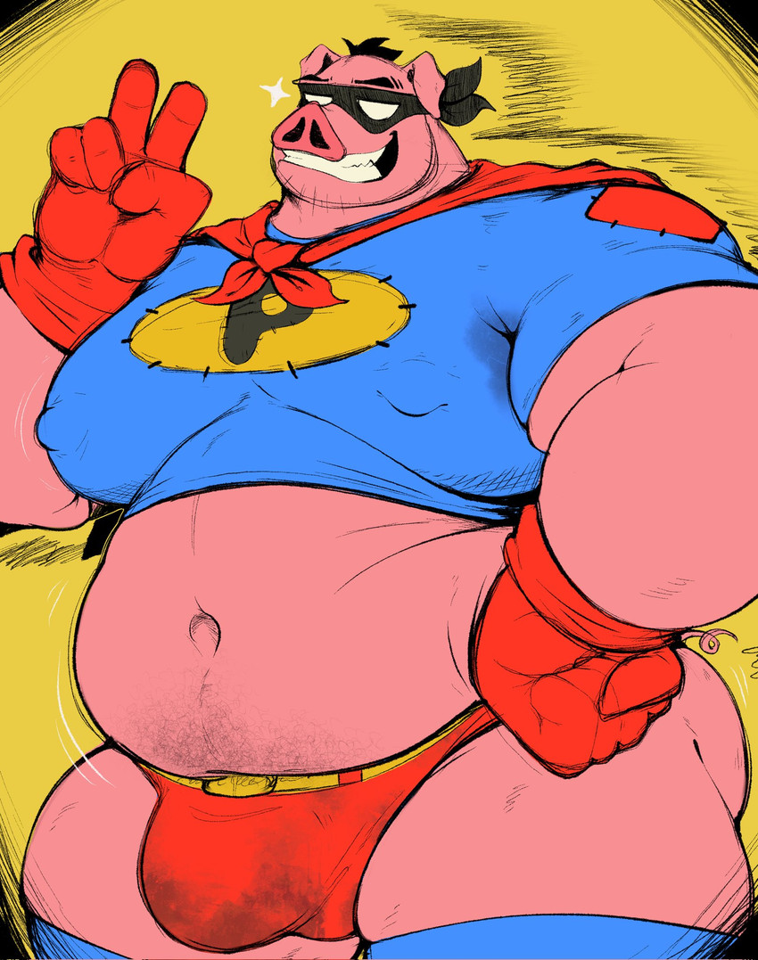 anthro barazoku blue_clothing blue_crop_top blue_legwear blue_shirt blue_thigh_highs blue_topwear body_hair bulge butt cape clothing crop_top dirty dirty_clothing eyemask eyewear gesture gloves grin hand_gesture hand_on_hip handwear happy happy_trail legwear logo_on_clothing looking_at_viewer male moobs nipple_outline overweight overweight_anthro overweight_male pink_arms pink_body pink_legs red_cape red_clothing red_underwear shirt simple_background smile solo stubble superhero sweat_stain thick_thighs thigh_highs thong topwear underwear v_sign yellow_background sarchi_kung domestic_pig mammal suid suine sus_(pig) hi_res