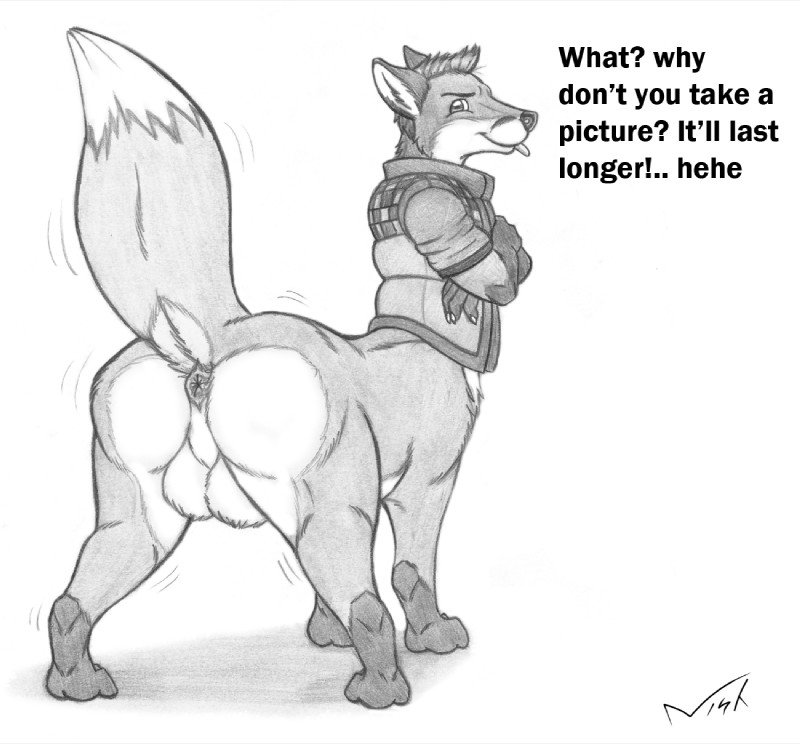 anus backsack balls big_balls butt crossed_arms genitals inviting looking_at_viewer male presenting raised_tail simple_background solo tail text tongue tongue_out white_background nisharu canid canid_taur canine canine_taur fox fox_taur mammal mammal_taur taur english_text graphite_(artwork) greyscale hi_res letterbox monochrome traditional_media_(artwork)