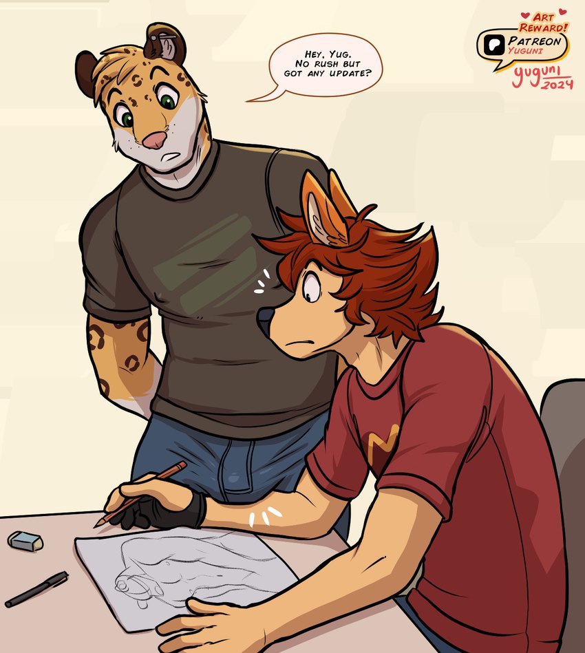 anthro brown_hair bulge clothed clothing countershade_face countershade_fur countershading drawing drawing_(object) duo fingers fur hair interspecies male male/male pencil_(object) shirt speech_bubble text topwear yuguni vaska_(bigcatguy) yuguni_(yuguni) canid canine canis domestic_dog felid leopard mammal pantherine 2024 english_text hi_res