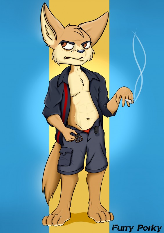 abs anthro anthrofied athletic athletic_anthro athletic_male bottomwear clothed clothing drugs male marijuana open_bottomwear open_clothing open_pants open_shirt open_topwear pants pose shirt smoking solo topwear undressing furryporky disney zootopia finnick_(zootopia) canid canine fennec_fox fox mammal true_fox 2016 absurd_res hi_res pinup