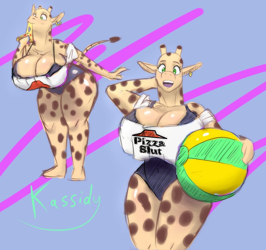 anthro ball beach_ball big_breasts breasts clothing ear_piercing ear_ring eating eating_food female food fur green_eyes huge_breasts inflatable looking_at_viewer markings piercing pizza pizza_slice ring_piercing smile smiling_at_viewer solo spots spotted_body spotted_fur swimwear thick_thighs oliburgob pizza_slut kassidy_(olibur) giraffe giraffid mammal hi_res