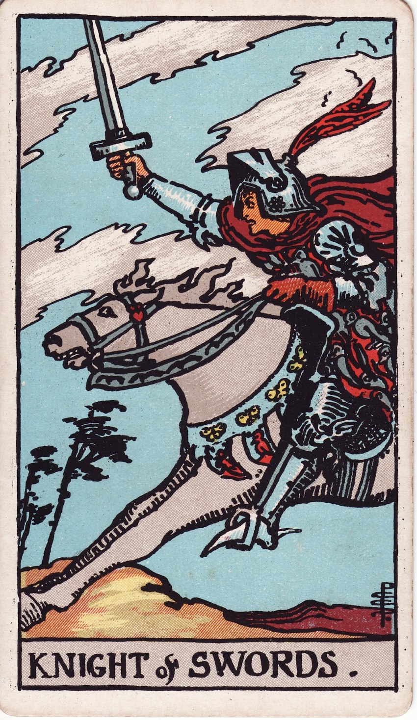 5_fingers ambiguous_gender angry armor border bridle card_template clothed clothing cloud day duo eyebrows feral fighting_pose fingers fully_clothed fur gloves grey_helmet handwear headgear heart_symbol helmet holding_melee_weapon holding_object holding_sword holding_weapon hooves knight_of_swords_(tarot) mane melee_weapon one_glove open_mouth outside plant pose red_clothing red_gloves red_handwear riding roman_numeral running saddle side_view snout sword tan_body tan_skin teeth text tree weapon white_body white_border white_fur pamela_colman_smith equid equine horse human mammal 1910 20th_century ancient_art english_text full-length_portrait hi_res portrait signature traditional_media_(artwork)