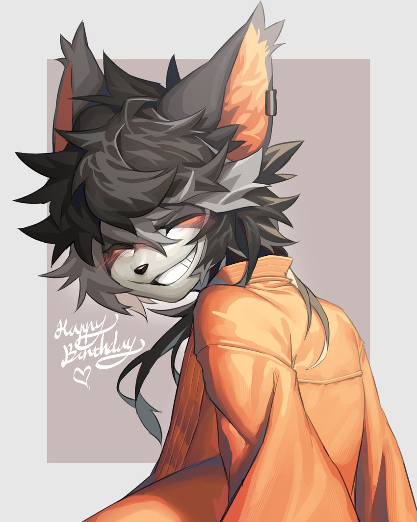 anthro black_body black_fur black_hair blush ear_piercing eyes_closed fur hair male piercing smile solo white_body white_fur ty_arashi arknights hypergryph studio_montagne aak_(arknights) domestic_cat felid feline felis mammal 2024 4:5 absurd_res hi_res