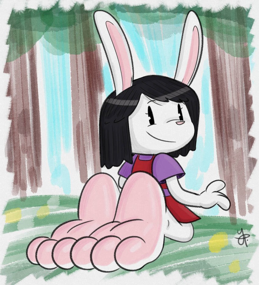 3_toes anthro big_feet black_hair countershade_feet countershading feet female foot_fetish foot_focus fur hair huge_feet hyper hyper_feet loli paws soles solo toes white_body white_fur young young_anthro theyeppep elinor_wonders_why pbs elinor_rabbit lagomorph leporid mammal rabbit