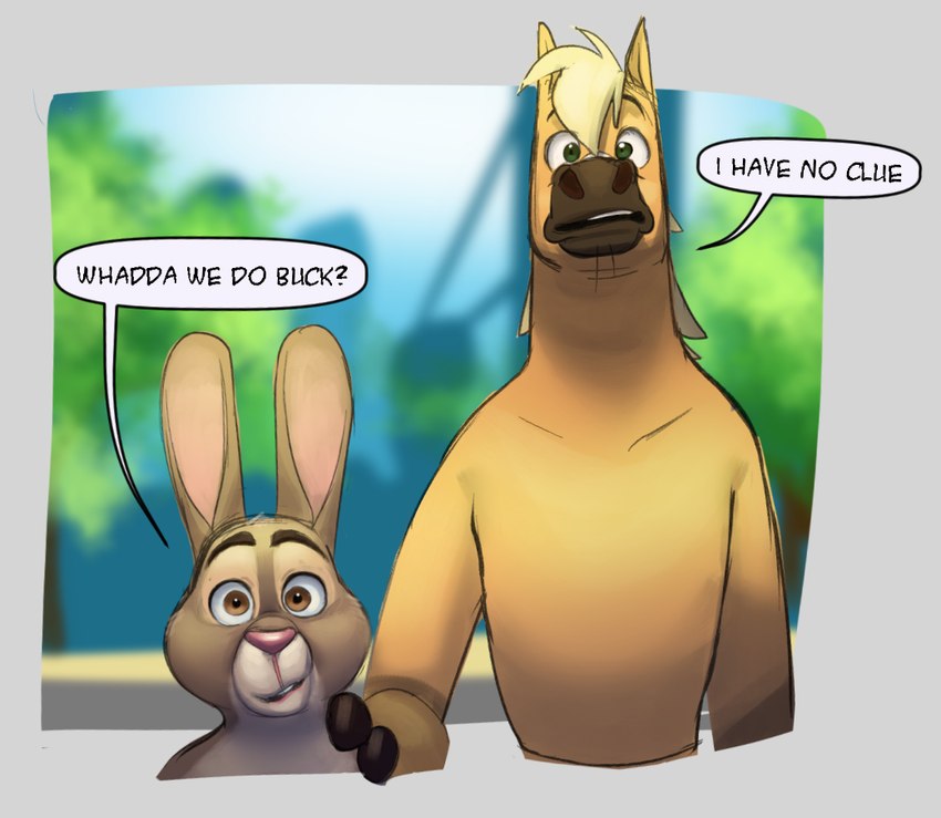 anthro blonde_hair brown_eyes dialogue duo eyebrows fur green_eyes grey_body grey_fur hair hand_on_shoulder male outside speech_bubble tan_body tan_fur text thehumancopier disney zootopia buck_colton_(thehumancopier) fan_character stu_hopps equid equine horse lagomorph leporid mammal rabbit 2023 digital_media_(artwork) english_text