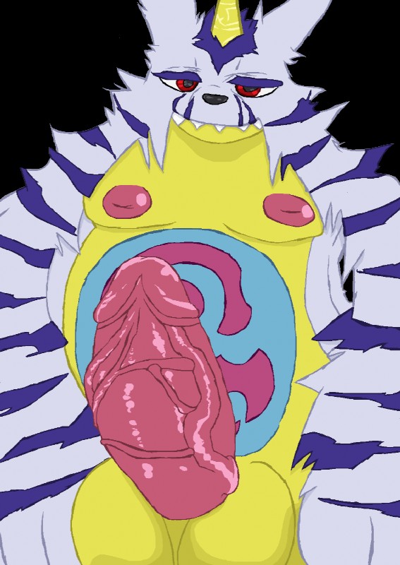 anthro balls belly big_balls big_belly big_nipples big_penis blood_veins chin erection eyebrows fur genitals grey_body grey_fur horn huge_penis humanoid_genitalia humanoid_penis humanoid_pointy_ears hyper hyper_genitalia hyper_penis lazy_eye looking_at_viewer male mask moobs nipples paws penis pointy_ears purple_stripes red_eyes sharp_teeth simple_background slightly_chubby smile solo striped_body striped_fur stripes symbol symbol_on_belly symbol_on_horn teeth vein yellow_body yellow_skin hatake bandai_namco digimon digimon_(species) gabumon reptile scalie alpha_channel hi_res