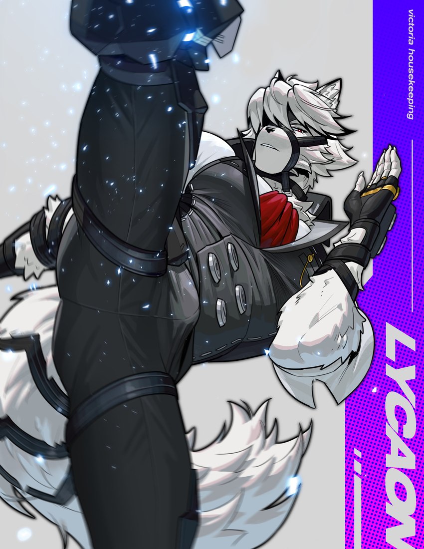 anthro bottomwear bulge butt clothing fingerless_gloves fur gloves hair handwear harness leather leather_harness male muscular muscular_anthro muscular_male pants raised_leg red_eyes shirt solo tail topwear vest white_body white_fur white_hair white_tail kimakimauwu mihoyo zenless_zone_zero von_lycaon canid canine canis mammal wolf 2024 absurd_res hi_res