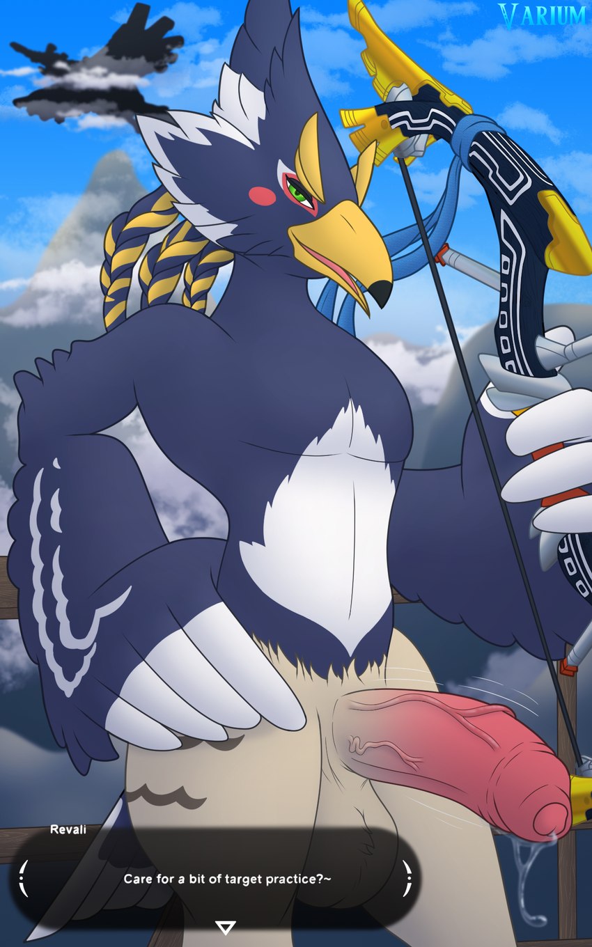 anthro balls beak big_balls big_penis blue_body blue_feathers bodily_fluids bow_(weapon) cloud detailed_background dialogue dreadlocks erection feathered_wings feathers foreskin genital_fluids genitals green_eyes hair half-erect hand_on_hip holding_object holding_weapon huge_penis humanoid_genitalia humanoid_penis looking_at_viewer male mountain narrowed_eyes nude open_mouth outside penis precum presenting ranged_weapon sky skyscape smile smirk solo speech_bubble tail text throbbing throbbing_penis tongue vein veiny_penis weapon white_body wings conditional_dnp varium breath_of_the_wild nintendo the_legend_of_zelda divine_beast_vah_medoh revali avian bird mammal rito 5:8 digital_media_(artwork) english_text hi_res