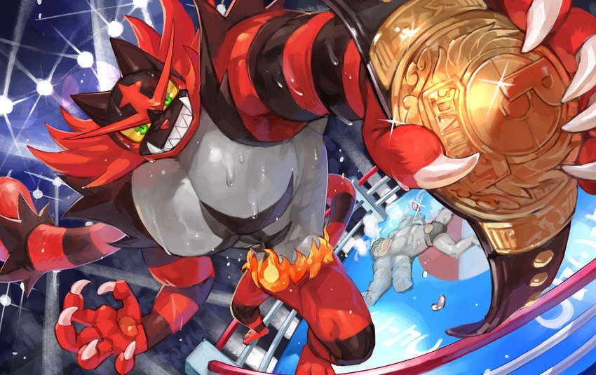 anthro biped black_body fighting_ring fur green_eyes group looking_at_viewer muscular muscular_anthro red_body red_fur solo_focus teeth wrestling yellow_sclera wolftapioca nintendo pokemon generation_7_pokemon incineroar mammal pokemon_(species) 2021 digital_media_(artwork) hi_res