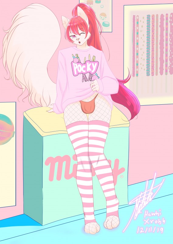 anthro bulge candy_shop clothed clothing detailed_background exhibitionism femboy fishnet_clothing fluffy fluffy_tail food fur hair legwear long_hair long_tail male naughty_face off_shoulder one_eye_closed open_mouth panties paws pink_eyes pink_hair pink_nose ponytail poster solo stockings sweater tail teasing topwear underwear white_body white_fur haruhixros pocky artemis_tsukino domestic_cat felid feline felis mammal absurd_res digital_media_(artwork) hi_res