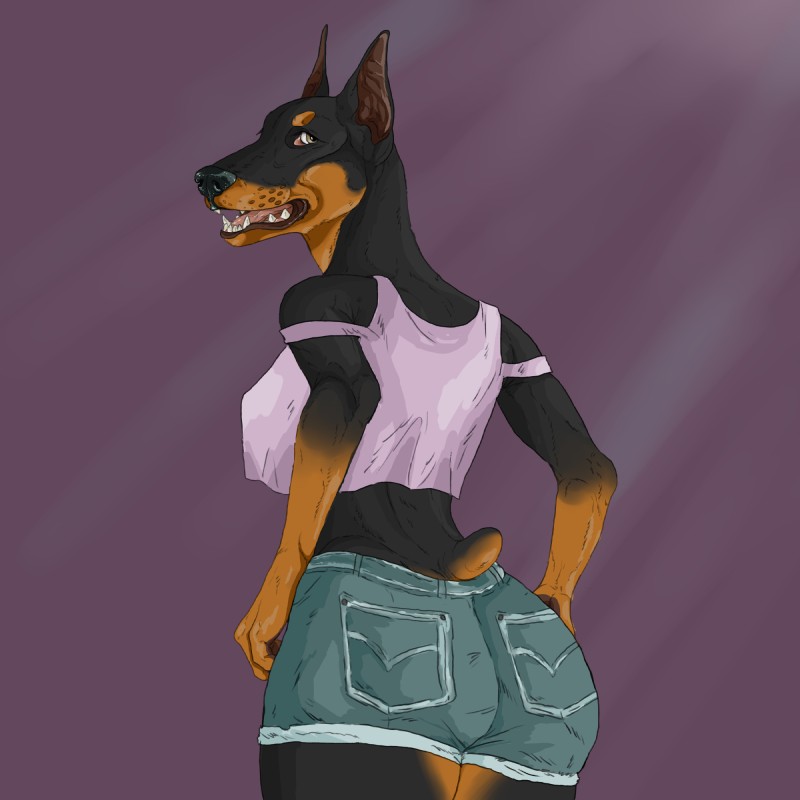 anthro big_butt breasts butt butt_pose clothed clothing female looking_at_viewer looking_back nipple_outline nipples open_mouth pose rear_view simple_background solo teeth hrafnar brooke_(gbg) canid canine canis dobermann domestic_dog mammal pinscher 1:1 hi_res