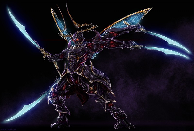 ambiguous_gender anthro black_background glowing glowing_eyes holding_melee_weapon holding_object holding_sword holding_weapon insect_wings male melee_weapon multi_arm multi_limb multi_wielding muscular muscular_anthro muscular_male red_eyes simple_background solo sword textured_background weapon wings isvoc final_fantasy final_fantasy_xiv square_enix ravana arthropod insect