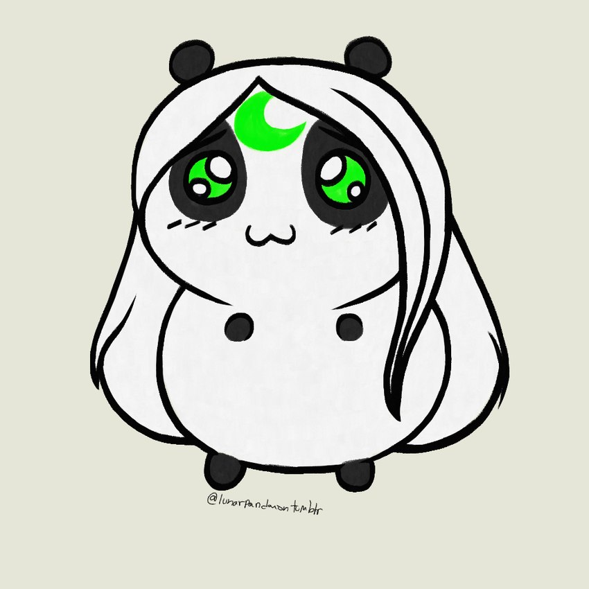 anthro black_body black_fur blush female fur fur_markings green_eyes hair markings parody round_ears simple_background solo white_body white_fur white_hair lunarpanda8686 chiikawa mika_(lunarpanda8686) bear giant_panda mammal 1:1 digital_media_(artwork) full-length_portrait portrait