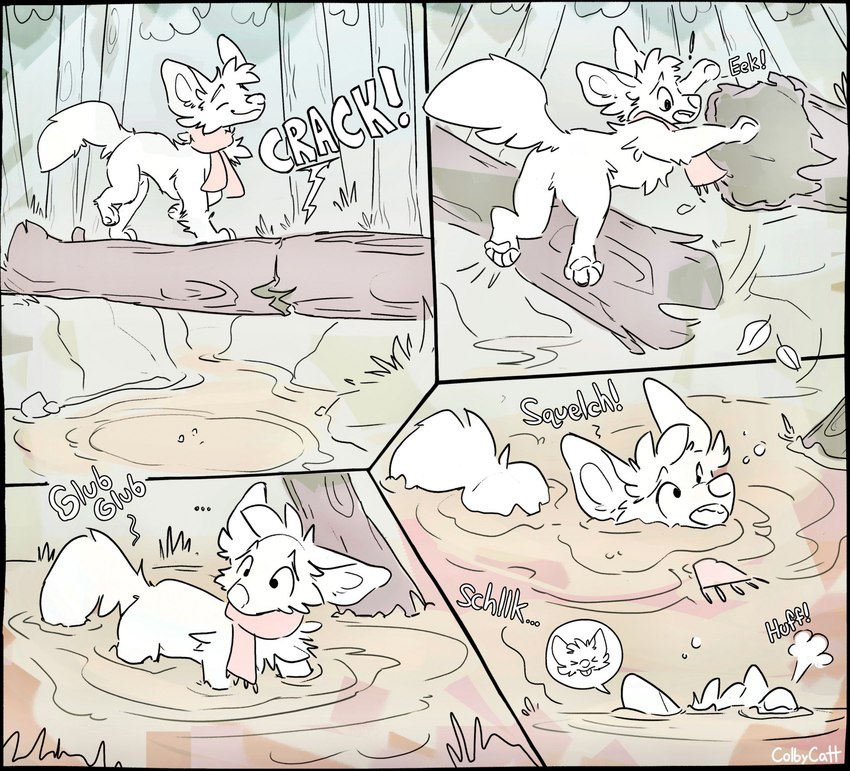 asphyxiation drowning feral forest helpless imminent_death male mud plant quicksand scarf sinking solo stuck text tree colbycat canid canine fennec_fox fox mammal true_fox comic english_text hi_res