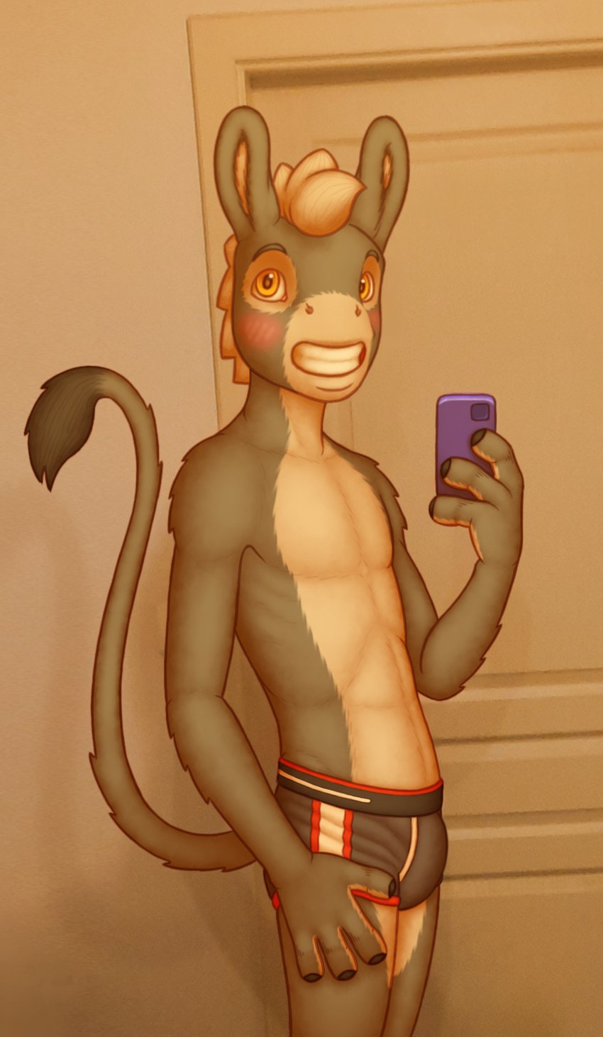 anthro building bulge cellphone clothed clothing electronics house male paintover phone selfie slim smile solo underwear underwear_only chokodonkey conditional_dnp choko_(chokodonkey) asinus donkey equid equine mammal hi_res